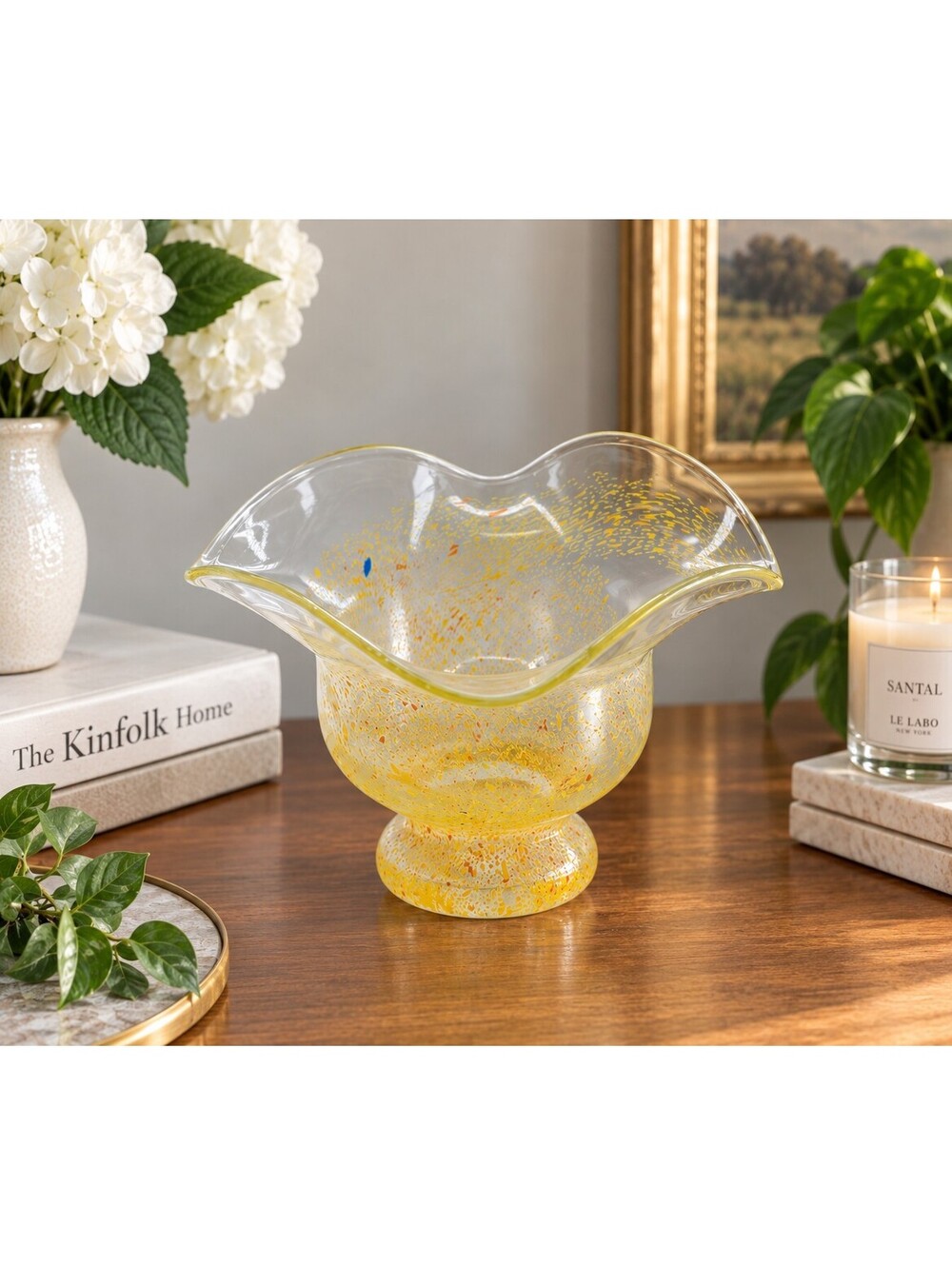 Vintage Yellow Spatter Art Glass Ruffled Footed Vase 6" MCM Hand Blown